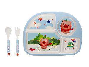 Набор детской бамбуковой посуды для кормления "Синий милый поросенок", 3 предмета