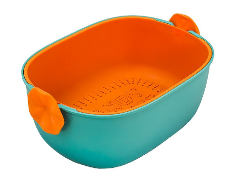 Дуршлаг с миской 2 в 1 овальный, пластиковый, 2.5 л, бирюзовый/оранжевый