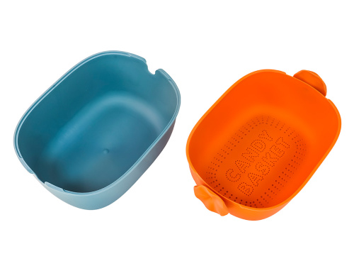 Дуршлаг с миской 2 в 1 овальный, пластиковый, 2.5 л, синий/оранжевый